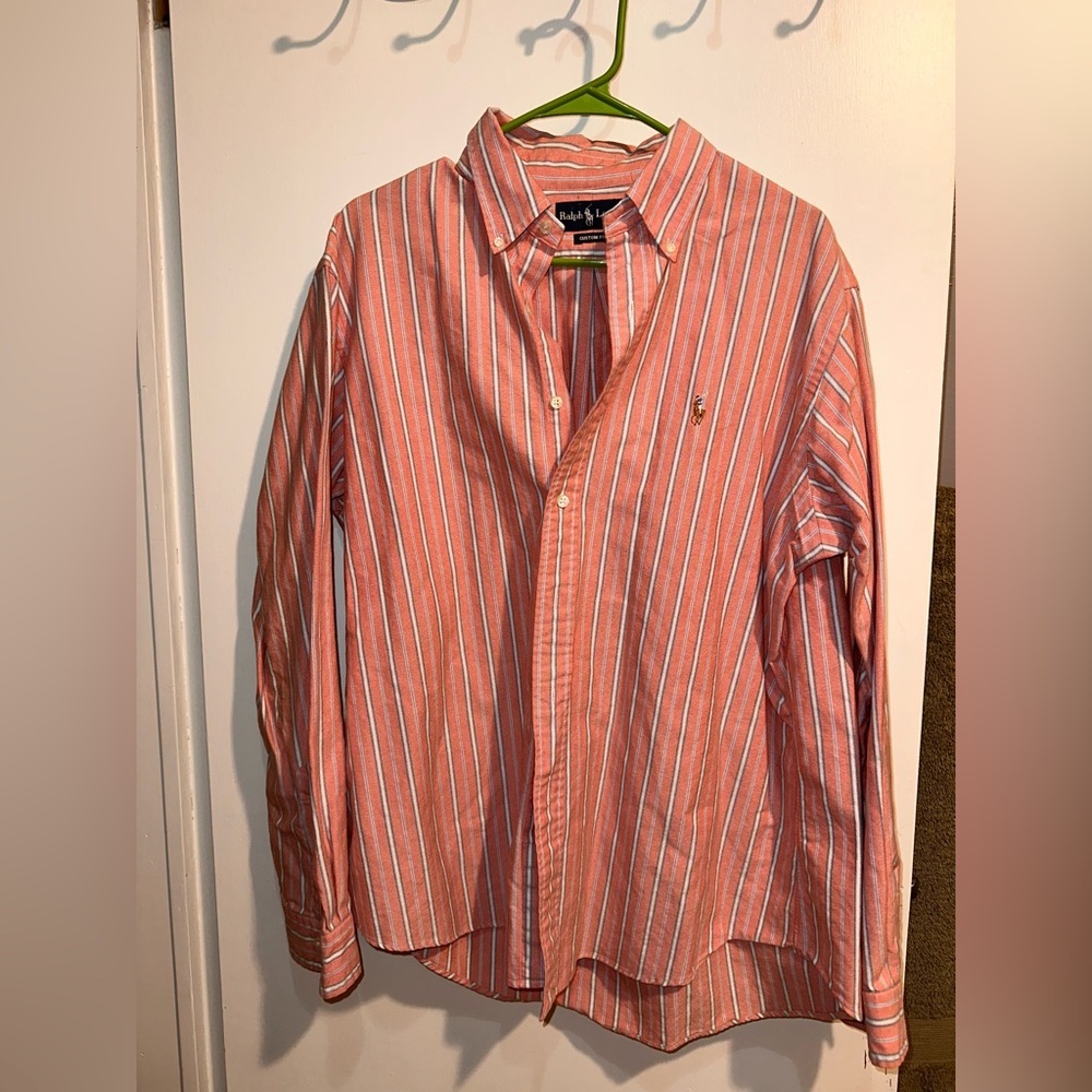 Ralph Lauren peach striped 100% cotton button up Men’s XL